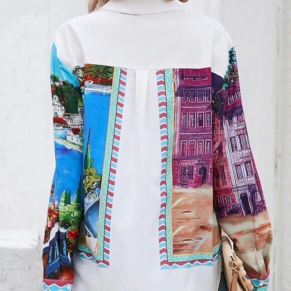 Multicolor Boho Womens Building Print Drop Shoulder Shirt - Picture 3 of 5